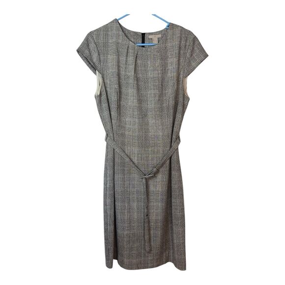 H&M Large Black White Plaid Check Sheath Dress Belted Cap Sleeve Knee Length - Picture 8 of 9